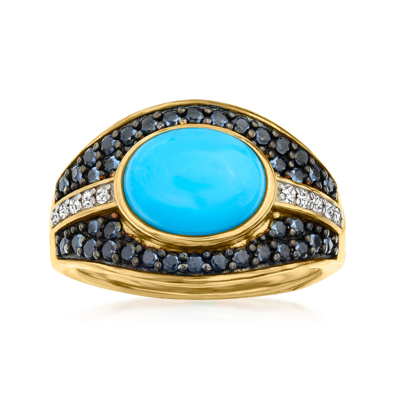 Gold-tone multi-gemstone ring with turquoise oval center and black pave border.