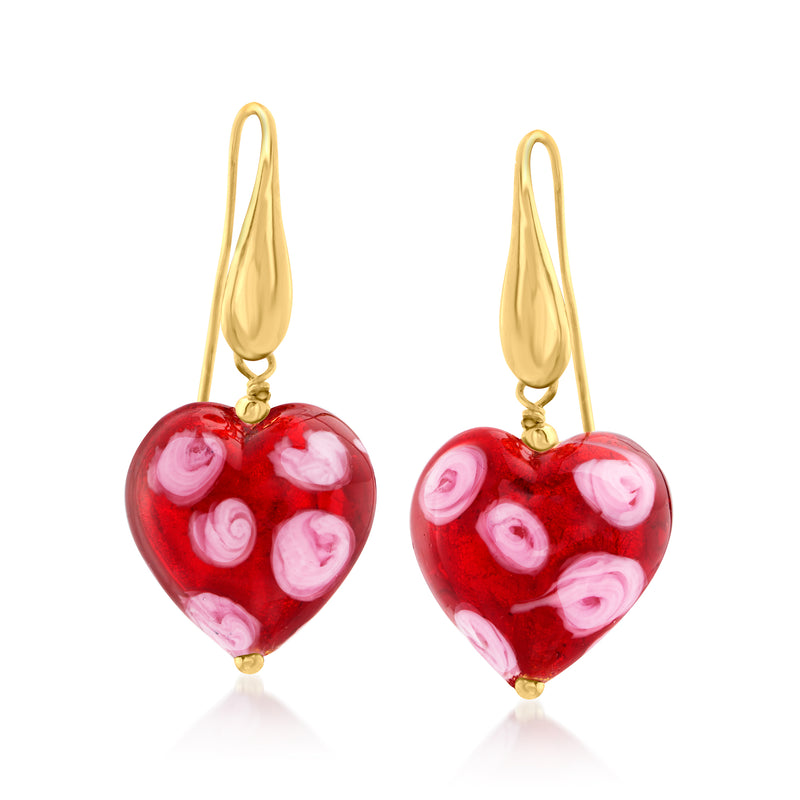 Red heart Murano glass drop earrings with gold earwires and swirl detail