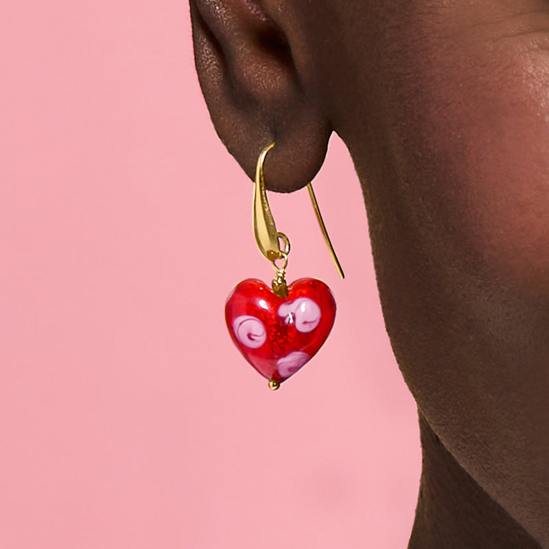 Red heart Murano glass drop earring with gold earwire and spiral swirl pattern
