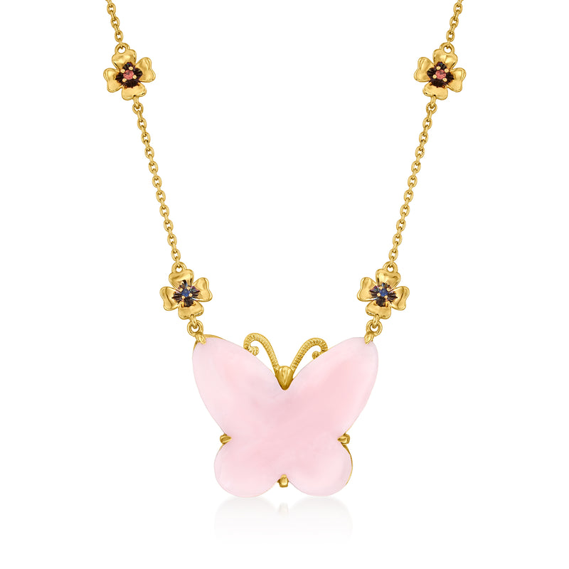 Gold-tone butterfly necklace with pink opal wings and multicolor sapphire body