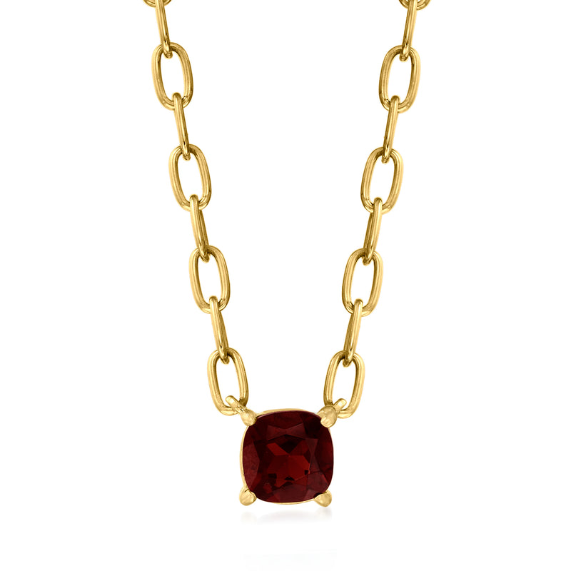 Gold paper clip link necklace with cushion-cut red garnet pendant