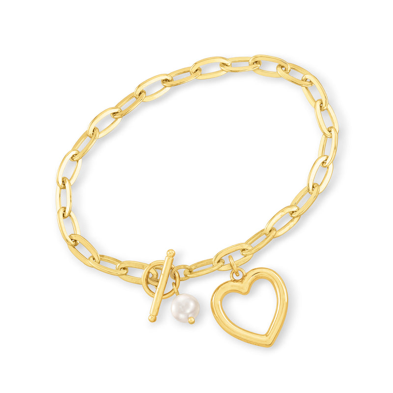 Gold oval-link bracelet with heart charm and small pearl drop