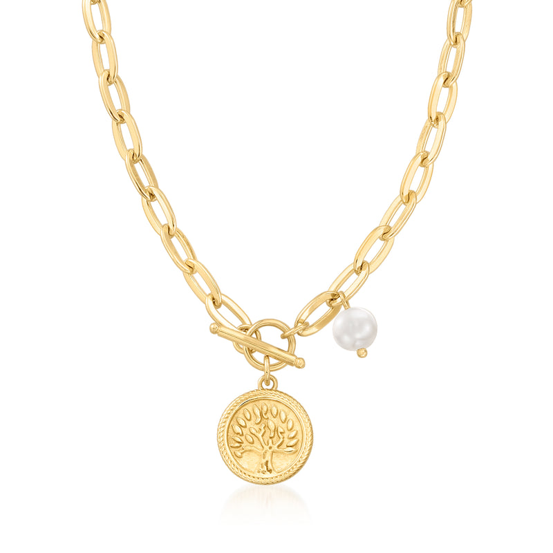 Gold coin necklace with Tree of Life pendant and small white cultured pearl