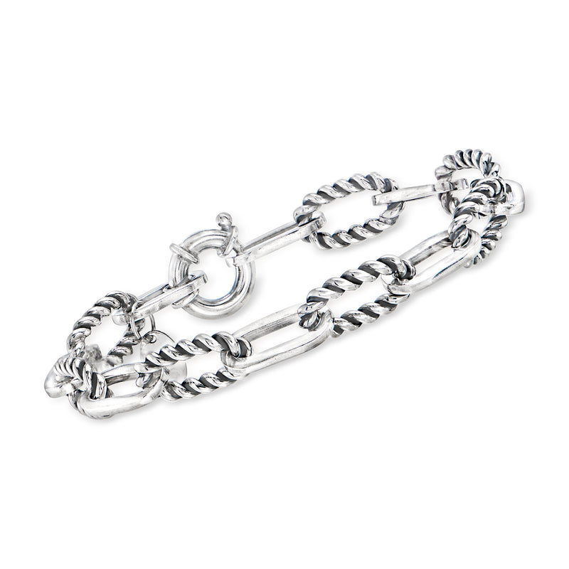 Sterling silver paper clip link bracelet with twisted cable pattern