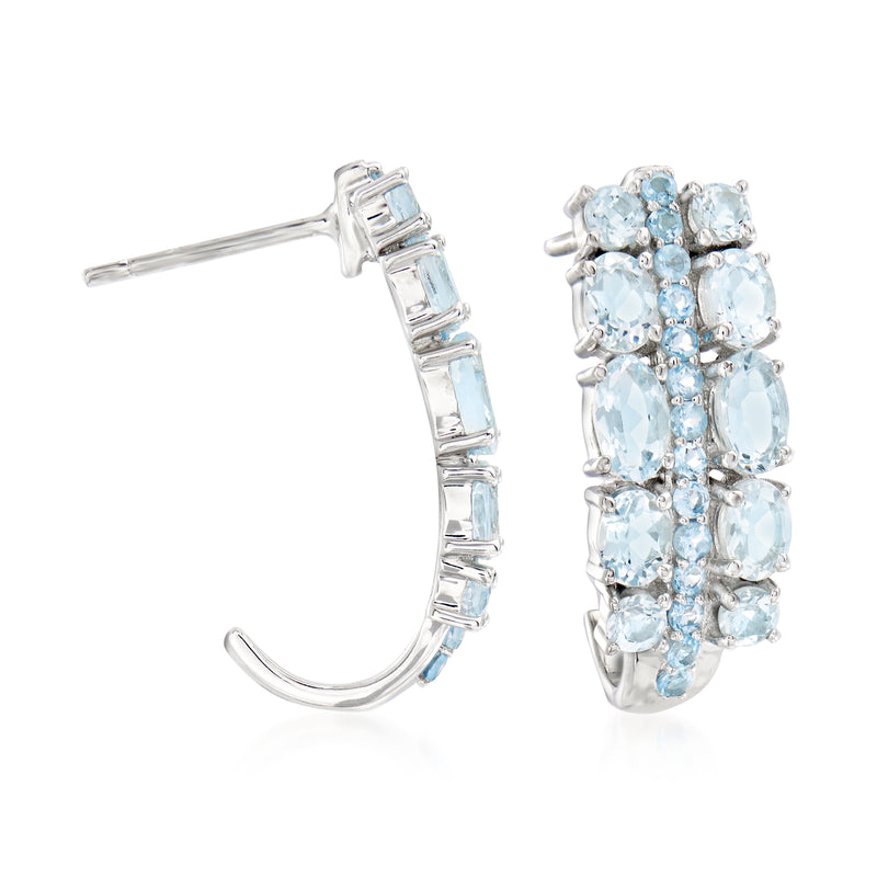 Sterling silver hoop earrings with light blue gemstone cluster rows