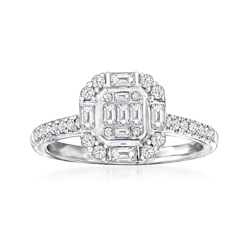 18kt white gold diamond cluster ring with rectangular center and halo of stones