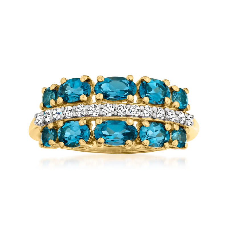 Gold over sterling ring with three-row oval London blue topaz and white diamond accents