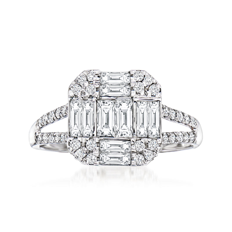 18k white gold diamond cluster ring with emerald-cut center and baguette side stones