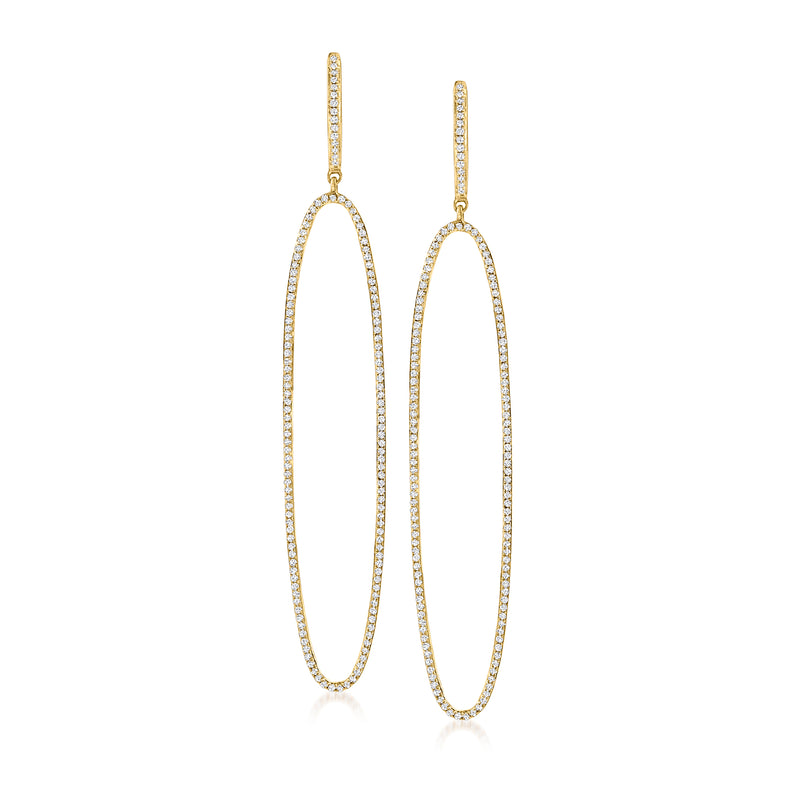 Diamond open oval hoop drop earrings in yellow gold
