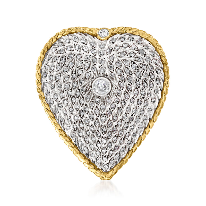 Heart-shaped diamond pin in sterling silver with 14kt yellow gold edge and 1 round center