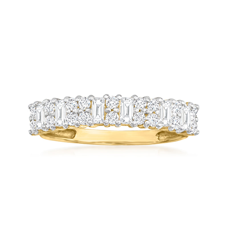 14kt yellow gold CZ ring with a row of square and round clear stones