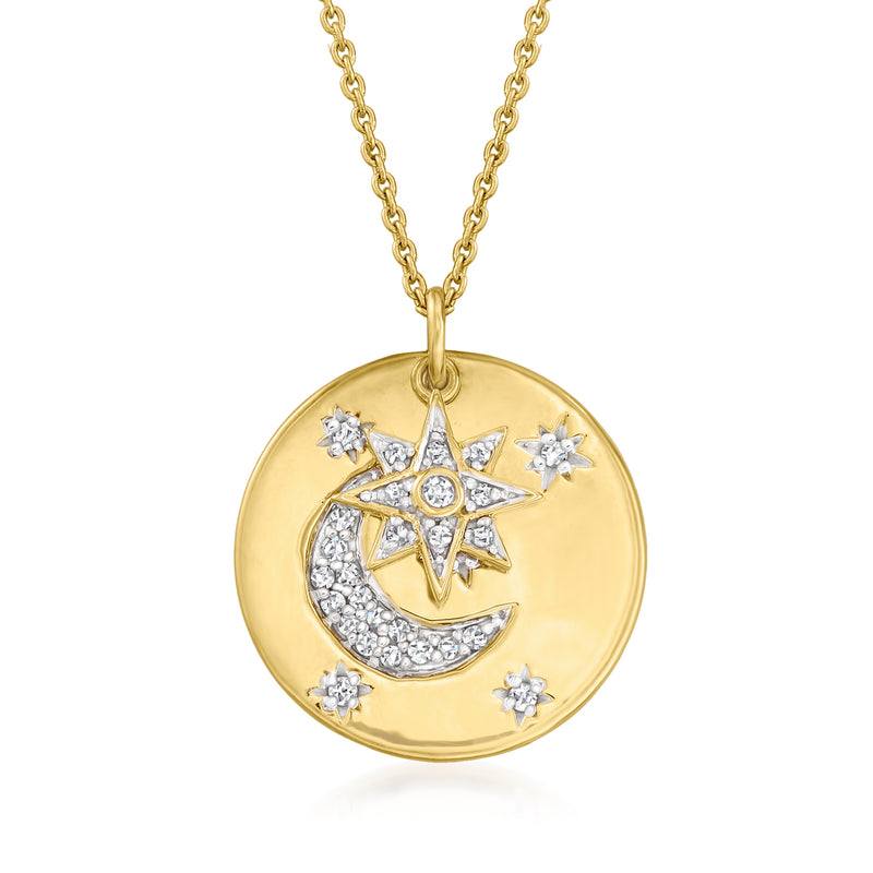 Gold over sterling celestial disc pendant necklace with diamond accents and star motifs