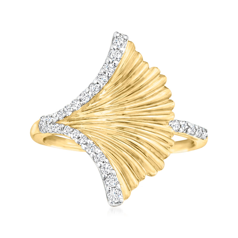 Gold ginkgo leaf ring with prong-set round diamonds, split band, 18kt gold over sterling