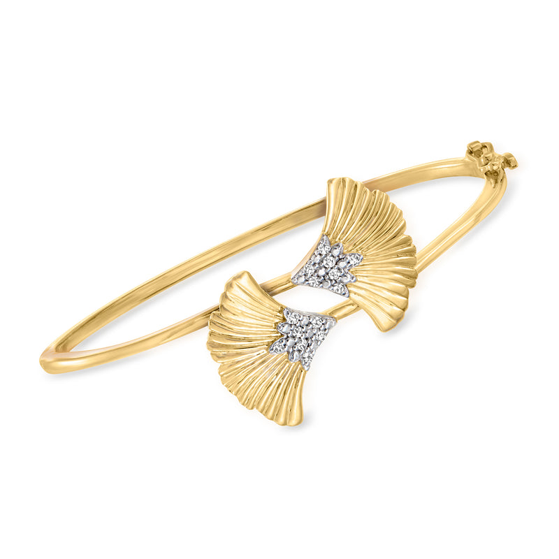 Gold over sterling ginkgo leaf bypass bangle with diamond accents, hinge clasp