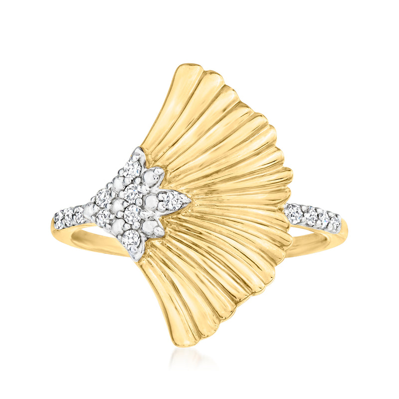 Gold ginkgo leaf ring with clustered round diamonds on a split band