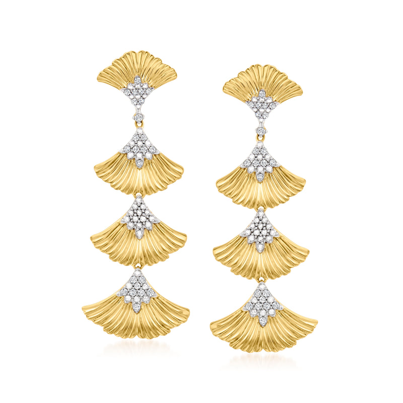 Gold-tone ginkgo leaf drop earrings with sparkling diamond-style cubic zirconia tiers