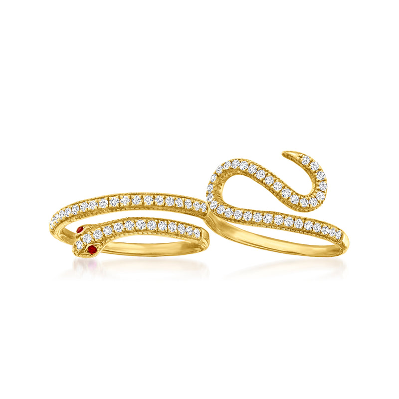 Two-finger snake ring in yellow gold with diamond pave and ruby accents
