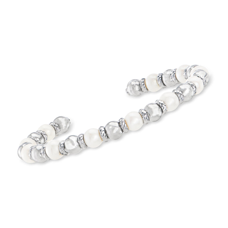 Cultured pearl and sterling silver bead cuff bracelet with alternating round pearls and silver beads