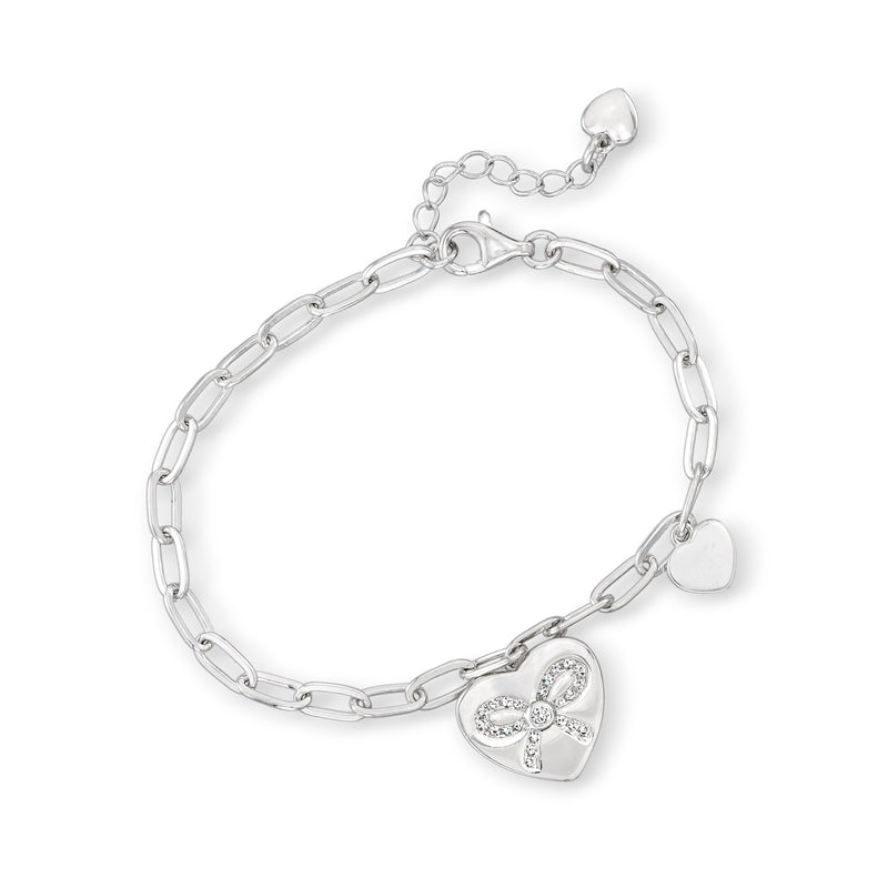 Sterling silver bracelet with ribbon heart charm and CZ