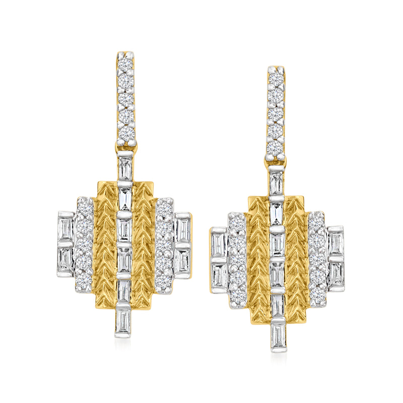 Chevron drop earrings in 14kt yellow gold with baguette and round diamonds, geometric dangle