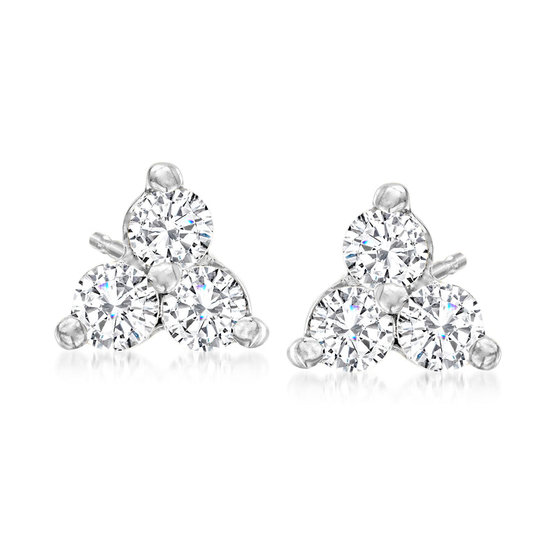 14kt white gold diamond trio stud earrings with three round clear stones