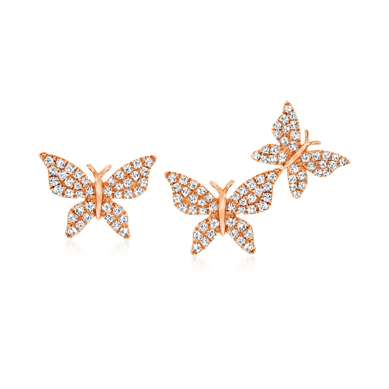 14kt rose gold diamond butterfly stud earrings, mismatched butterfly designs
