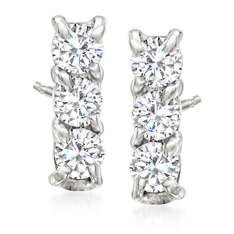 14kt white gold diamond bar stud earrings with three round brilliant stones