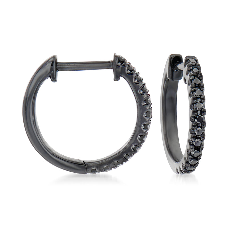 14kt white gold huggie hoop earrings with black diamond pavé