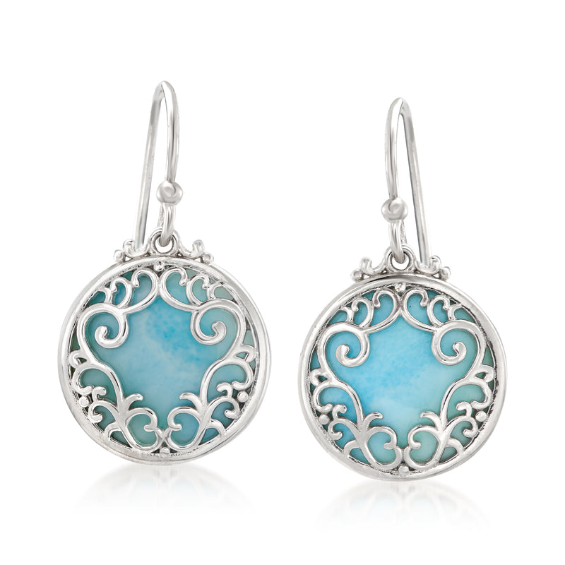 Sterling silver circle drop earrings with filigree and turquoise blue cabochon