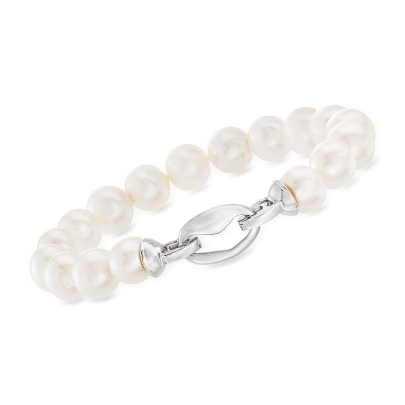 White cultured pearl link bracelet with sterling silver clasp, round beads