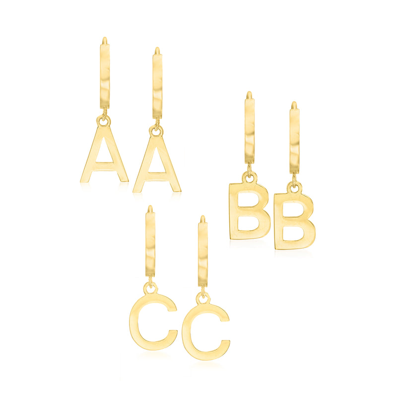 14kt yellow gold huggie hoop earrings with dangling initial letters A, B, C