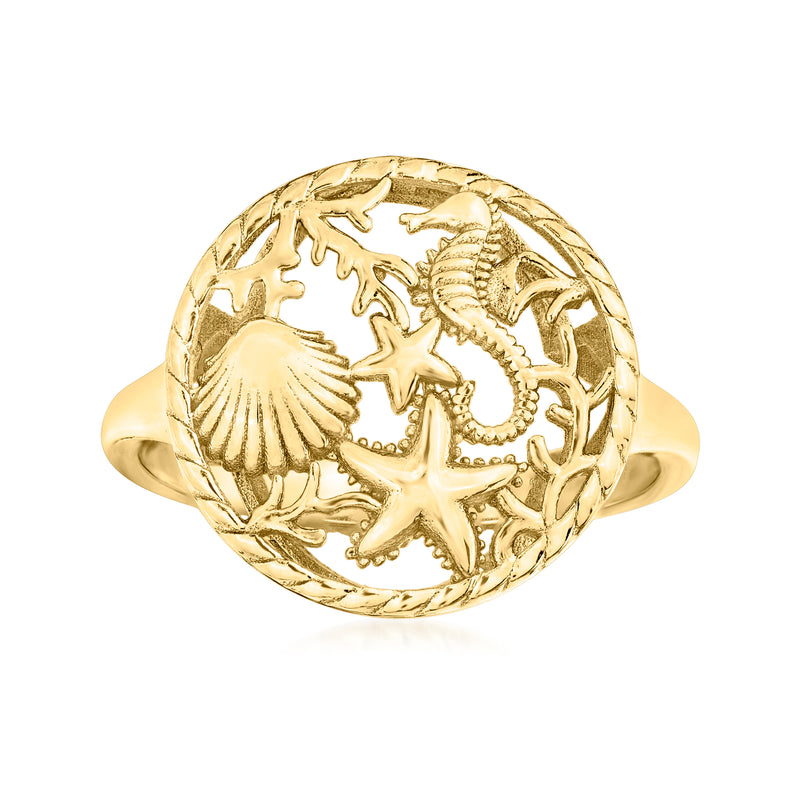 Gold-over-sterling sea life ring with round bezel relief of seahorse and shells