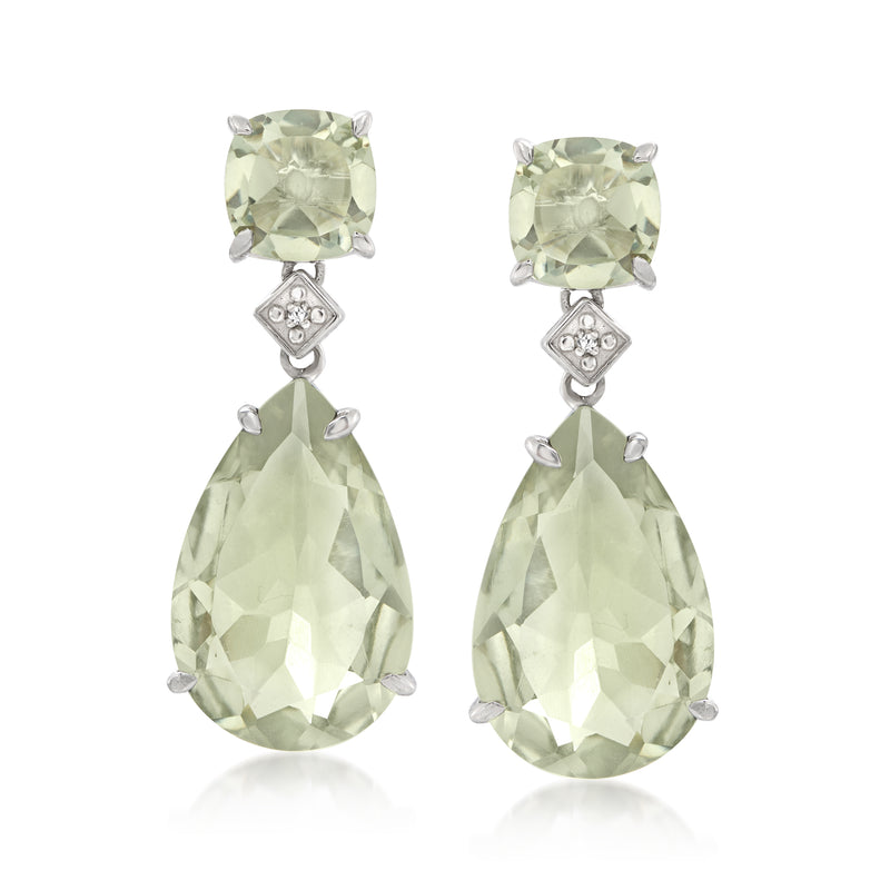 Sterling silver drop earrings with prasiolite teardrop and diamond accents