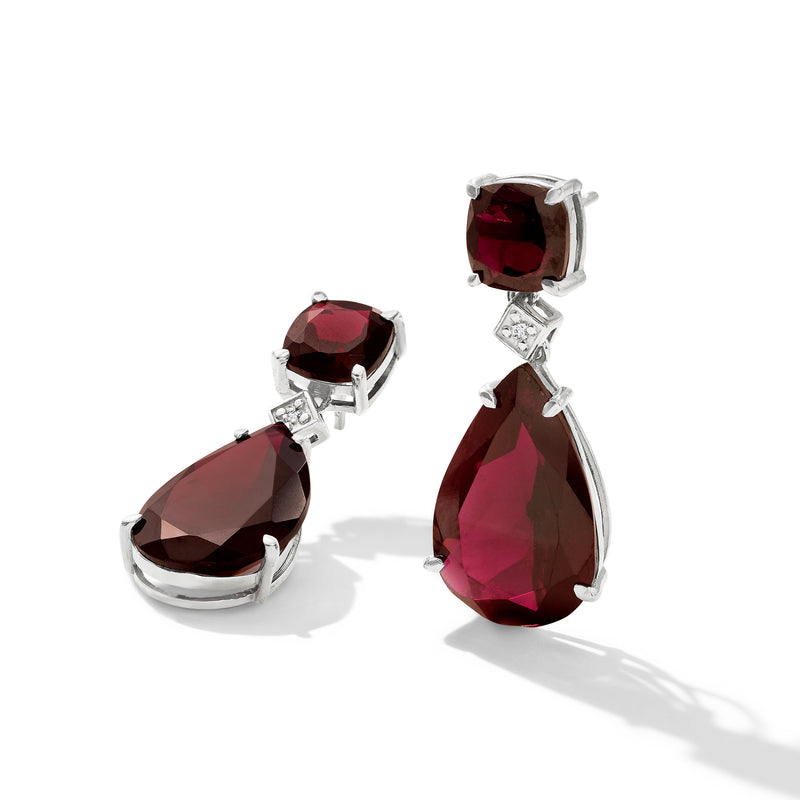 Garnet drop earrings with diamond accents, oval and pear stones in sterling silver