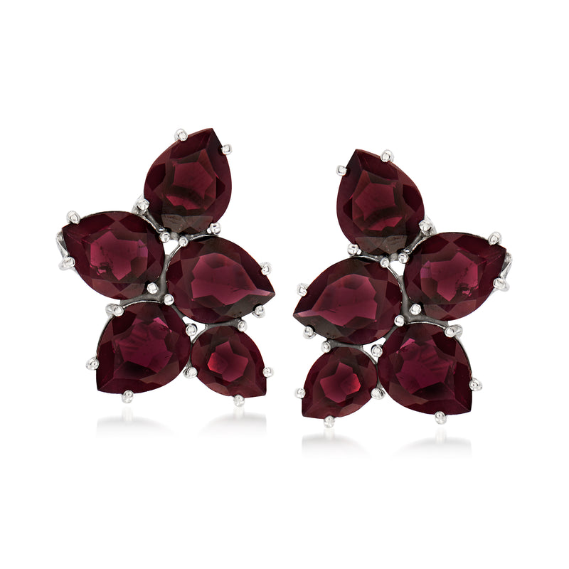 Sterling silver cluster earrings with dark red garnet teardrops and small clear stones