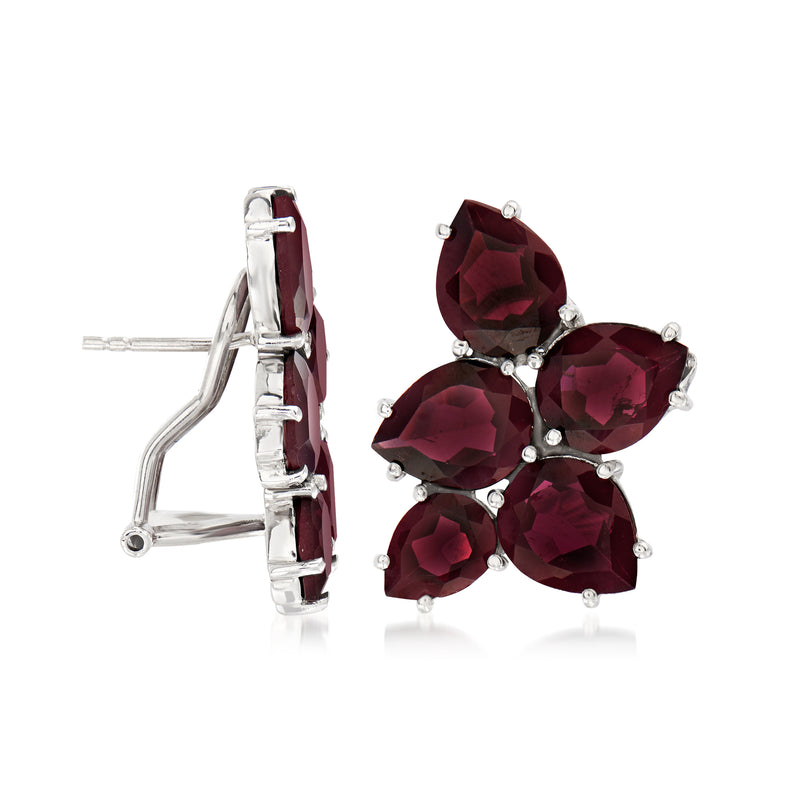 Sterling silver post earrings with dark red garnet cluster and prong-set stones, side view
