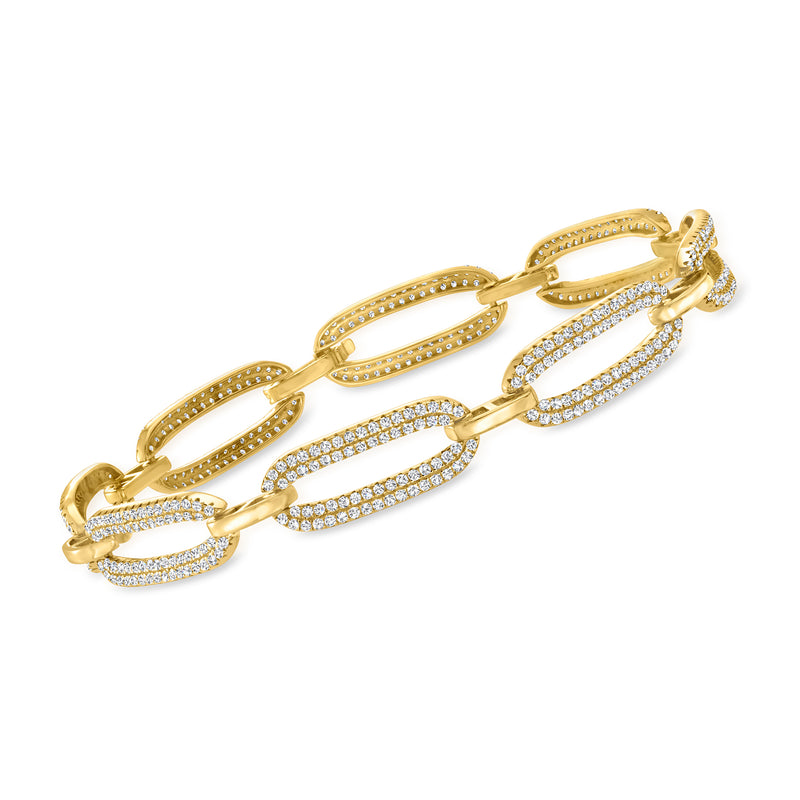 Gold oval-link bracelet with pave CZ stones and hinged clasp, set in shiny 18kt gold over sterling