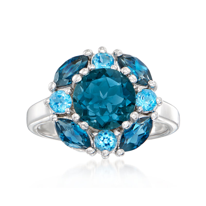 Sterling silver blue topaz cluster ring with oval center stone and round side stones