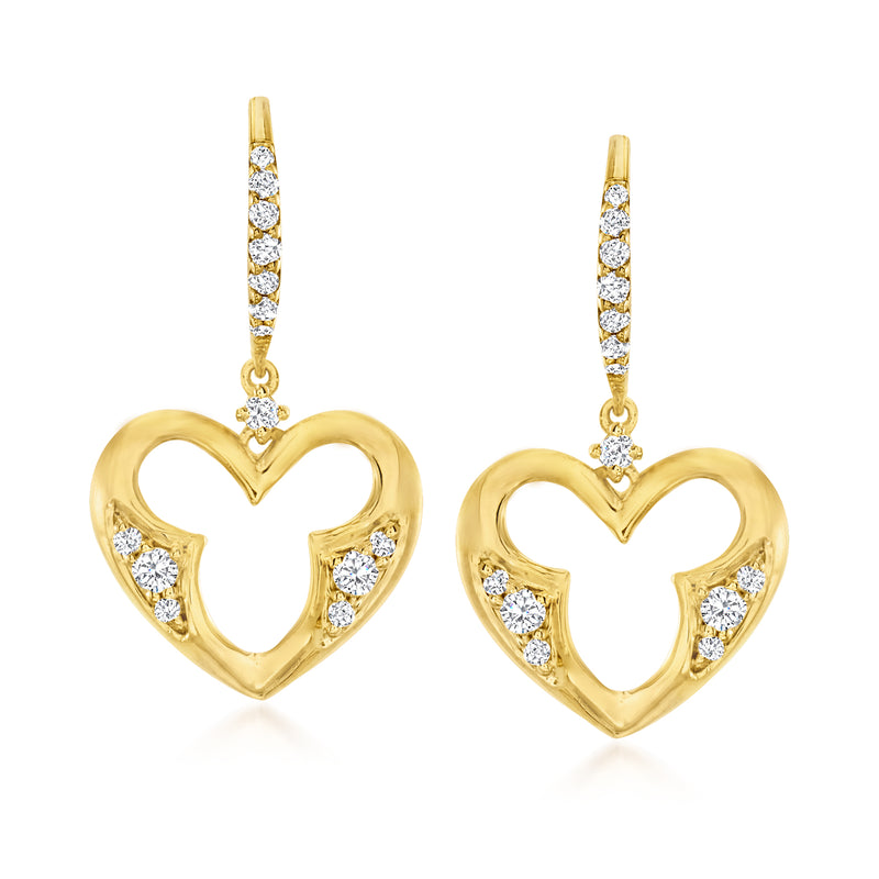 18kt gold heart drop earrings with round crystal stones and heart cutout design