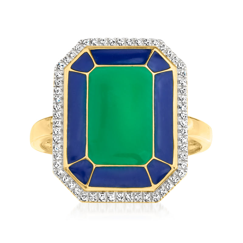 Octagonal enamel ring with blue and green center, diamond halo, 18kt gold over sterling