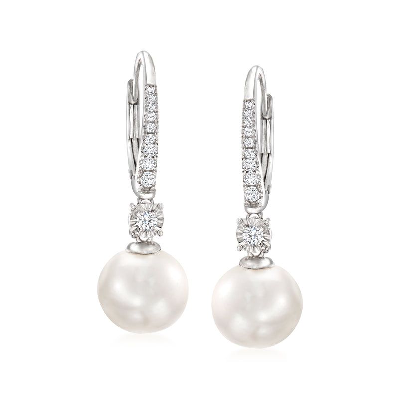 Cultured pearl drop leverback earrings in 14kt white gold, bezel-set diamond accents