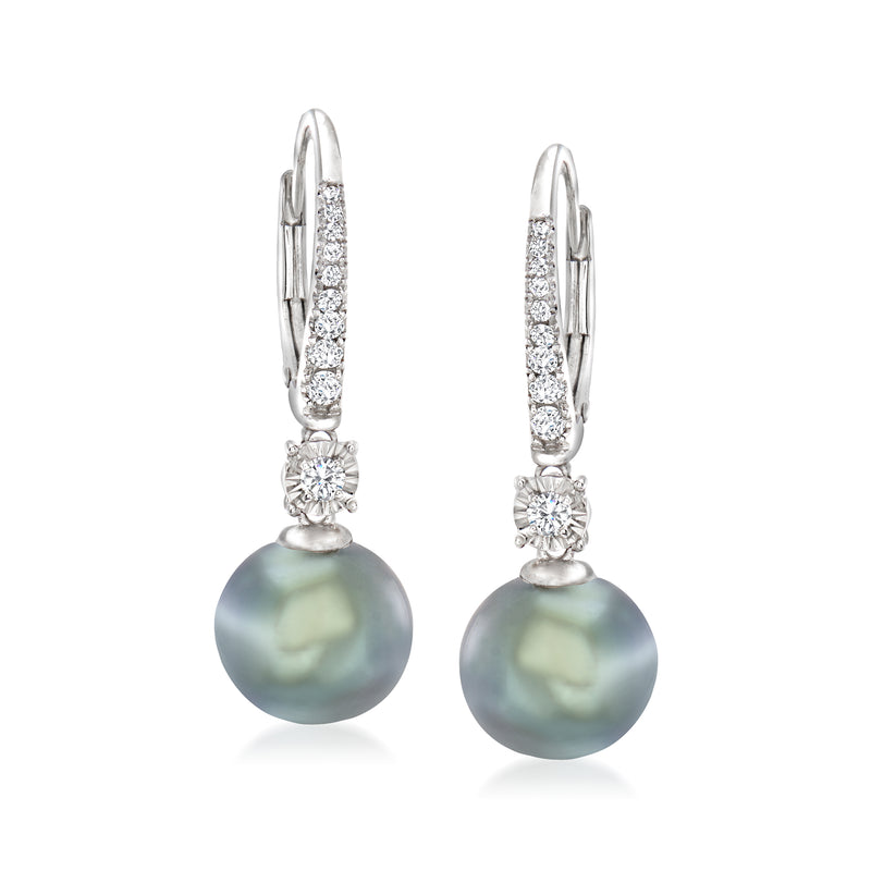 Black Tahitian pearl leverback drop earrings with diamond accents in white gold