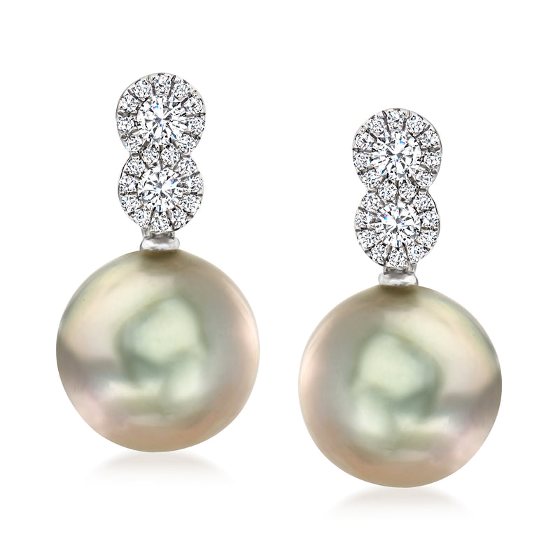 Dark iridescent cultured pearl drop earrings with diamond-look white gold settings