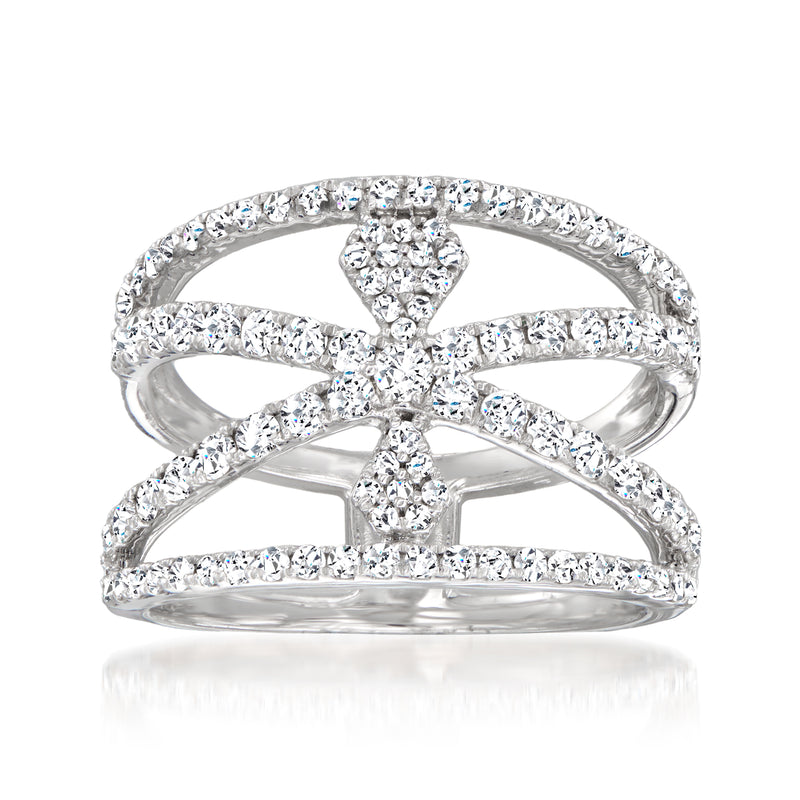 14kt white gold diamond crisscross ring with prong-set center and curved pave bands