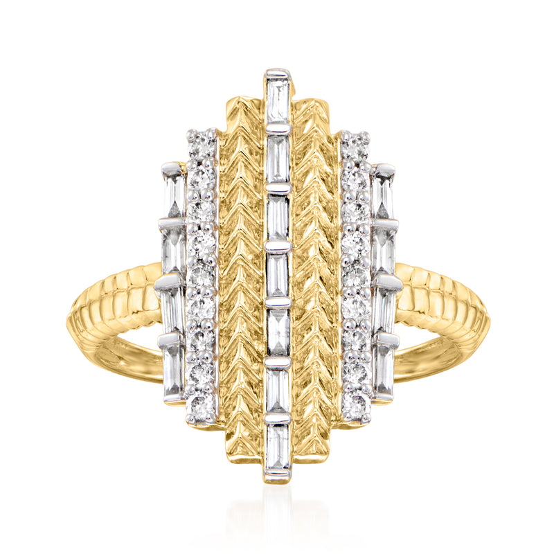 14kt yellow gold diamond chevron ring with baguette and round stones, approx. 0.52 ct t.w.
