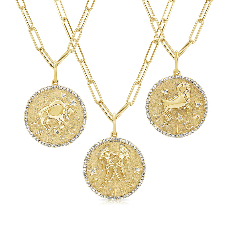 14kt yellow gold zodiac pendant necklace with three round diamond-studded medallions
