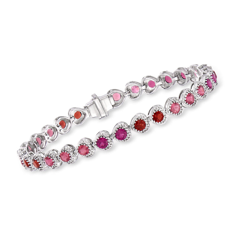 Sterling silver multi-gemstone bracelet with pink, red, and clear round stones in row