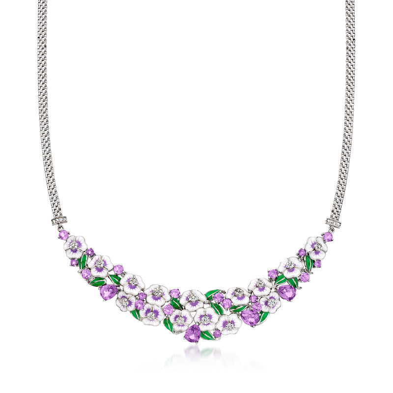 Sterling silver floral bib necklace with purple amethyst stones, green enamel leaves