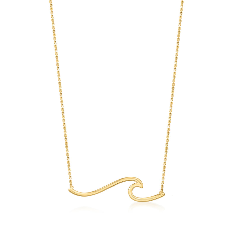 14kt yellow gold wave necklace with smooth curved wave pendant on cable chain