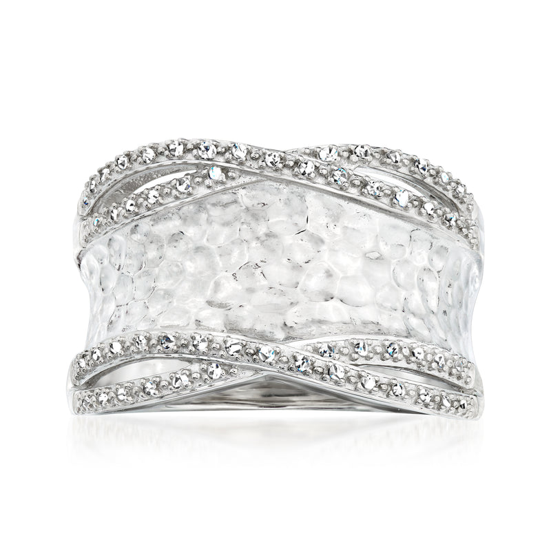Sterling silver hammered ring with crisscross diamond accents